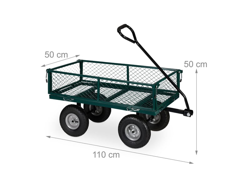  Chariot de transport solide pour jardin 100 x 60 x 30 cm avec côtés rabattables et 4 roues pneumatiques en acier vert 13_0011144  - Conforama B