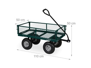 Chariot de transport solide pour jardin 100 x 60 x 30 cm avec côtés rabattables et 4 roues pneumatiques en acier vert 13_0011144