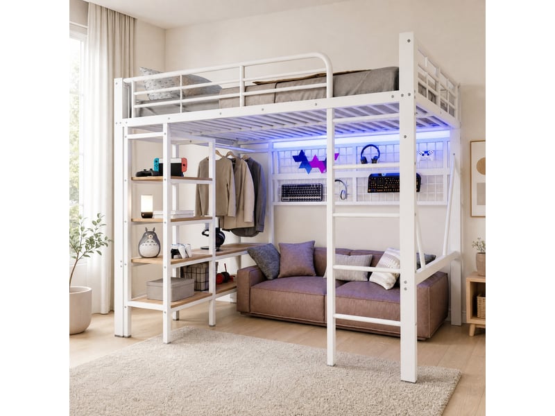  Lit mezzanine 140 x 200 cm en métal avec rangement, led et penderie blanc  - Conforama B
