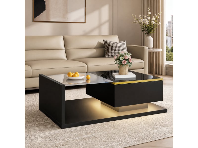  Table basse 90x50 cm led panneau de particules noir brillant  - Conforama B