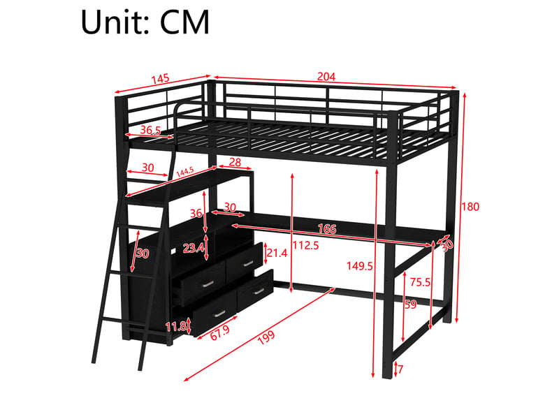  Lit mezzanine noir 140x200 cm avec bureau en l et tiroirs de rangement  - Conforama C