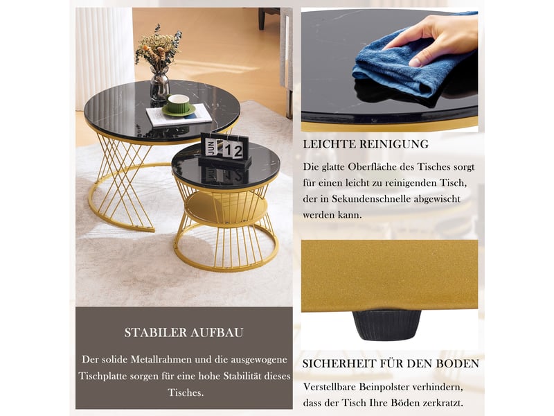  Tables basses gigognes rondes, lot de 2, mdf effet marbre noir et métal doré, diamètres 70 et 45 cm  - Conforama W