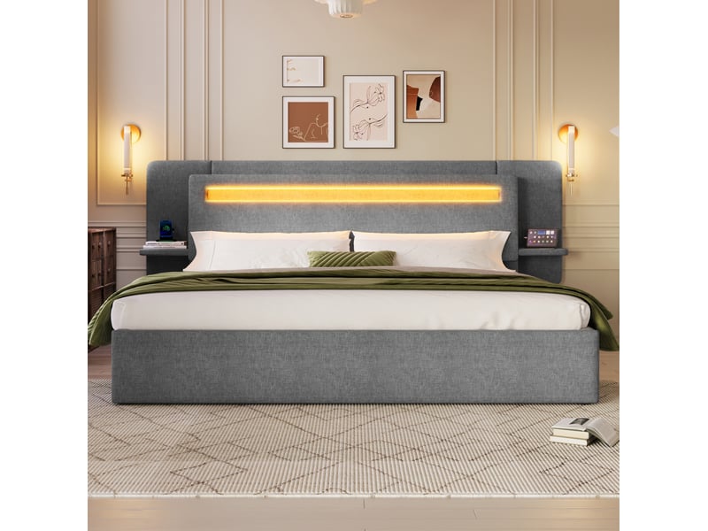  Lit 2 places 180x200 cm avec rangement hydraulique, éclairage led, usb, structure en mdf, coloris gris, sans matelas  - Conforama D