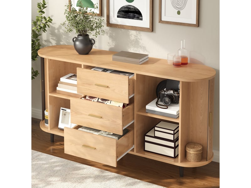  Buffet 160x40x80,5 cm, meuble rangement courbé avec 3 tiroirs, portes coulissantes, rainures verticales, pieds fer, mdf, naturel Sol Morn - Conforama D