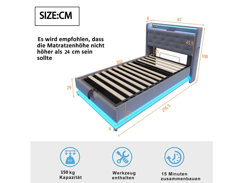  Lit enfant rembourré 90x200 cm, avec usb c et led, tête de lit relevable, coffre hydraulique, poches latérales, sans matelas, gris  - Conforama D