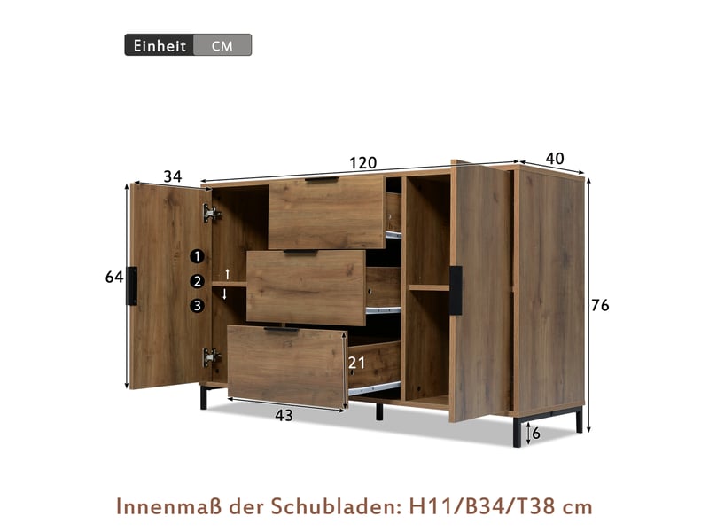 Commode 2 portes 3 tiroirs en panneau de particules et métal 120 x 40 x 76 cm - Conforama C
