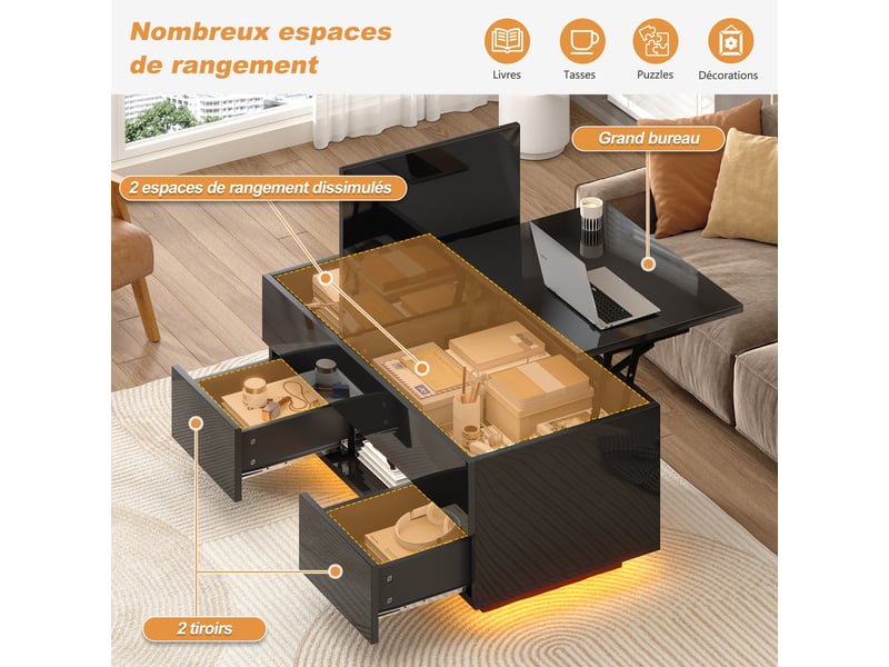 Table basse relevable, table de salon rectangulaire avec led et 2 tiroirs, surface avec lumière elevée, noir - Conforama B