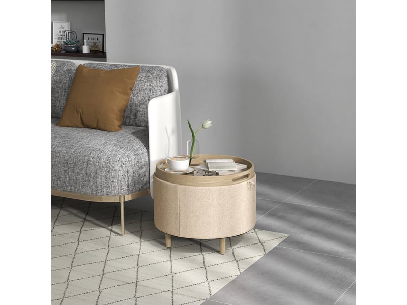  Pouf rond repose-pieds tabouret avec coffre de rangement, plateau réversible, meuble 3 en 1 pied en bois beige  - Conforama B