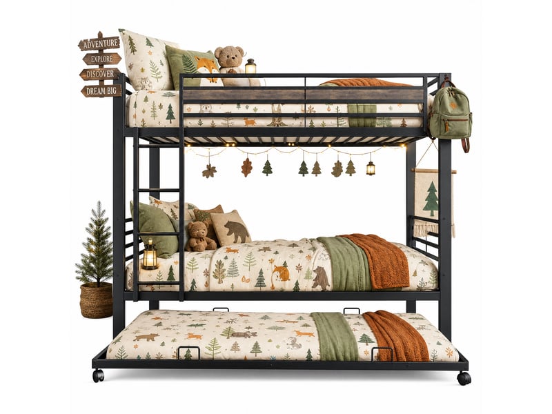  Lit superposé 90x200 cm - 3 couchages - lit gigogne 90x190 cm - échelle - barrières - métal - noir et bois vintage CozyNest - Conforama A