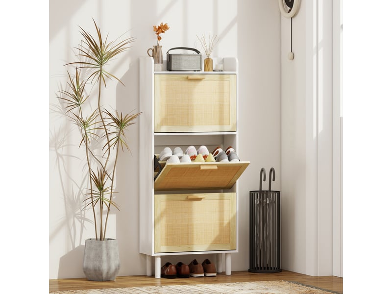  Meuble à chaussures 3 portes abattants étagère effet résine tressée design bohème 65 x 24,5 x 153 cm blanc  - Conforama B