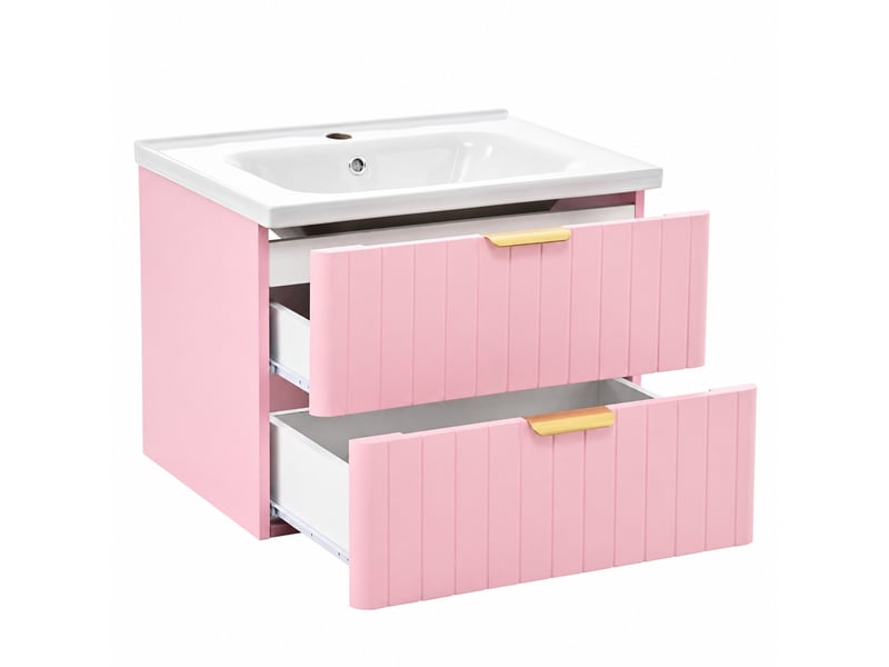  Meuble vasque suspendu rose et blanc 60,5 cm avec vasque en céramique et rangement 2 niveaux  - Conforama A