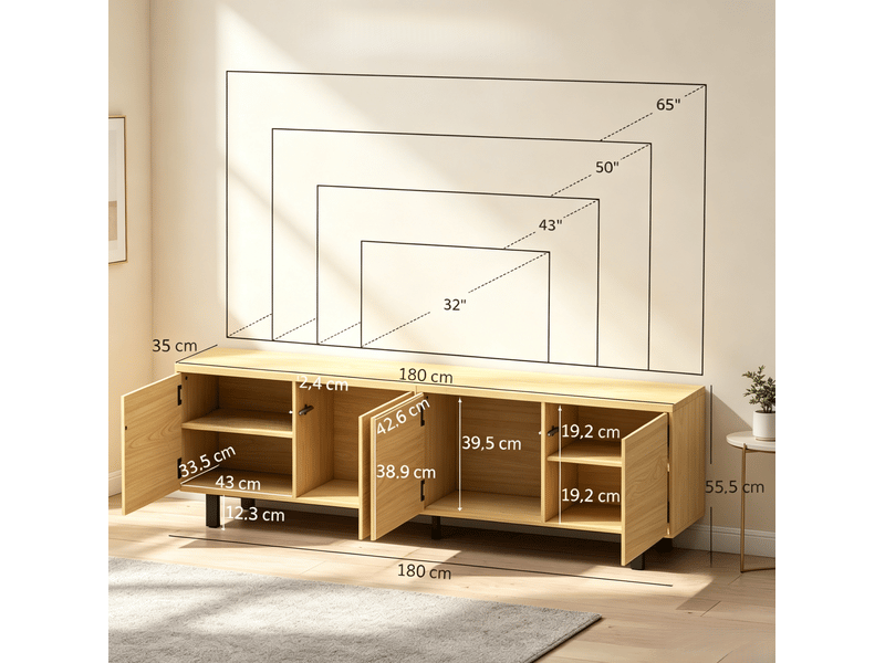  Meuble tv tcqpz 180 x 35 x 55,5 cm 4 portes à ouverture par pression effet bois naturel  - Conforama C
