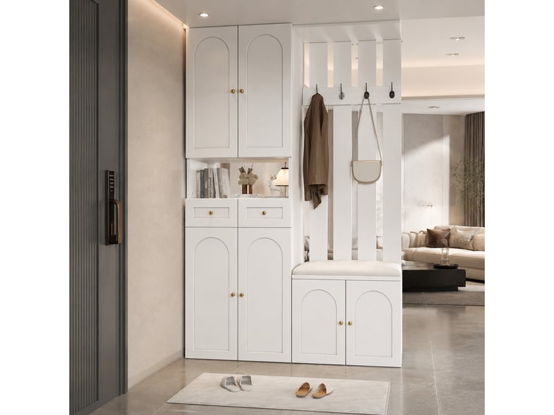 Meubles d'entrée avec banc, 6 portes, 2 tiroirs et 4 patères pour chaussures et accessoires, blanc, 110 × 37 × 180 cm - Conforama C