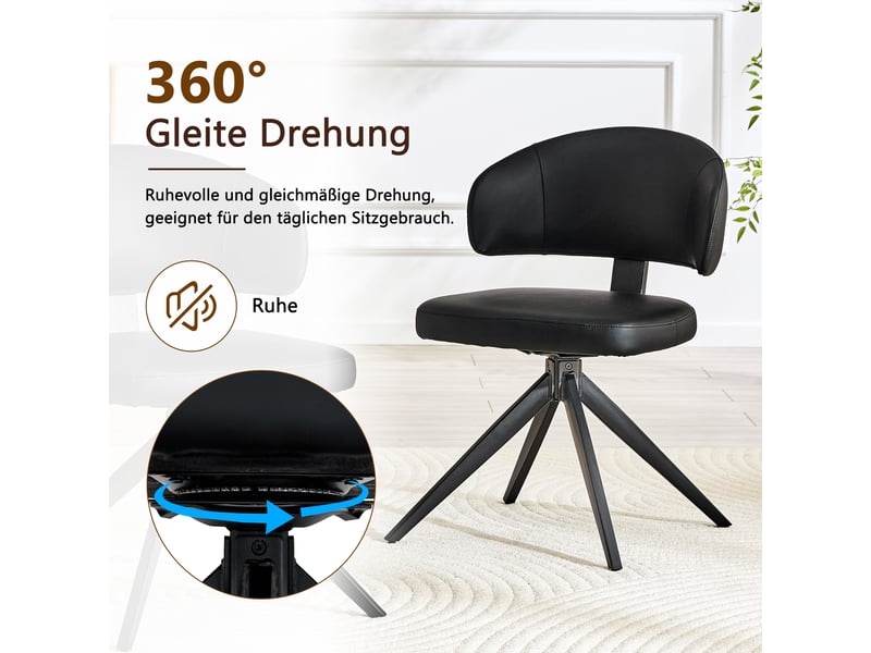 Lot de 2 chaises de salle à manger pivotantes 360°  - dossier courbé, piètement métal, pu noir, 77 cm  - Conforama E