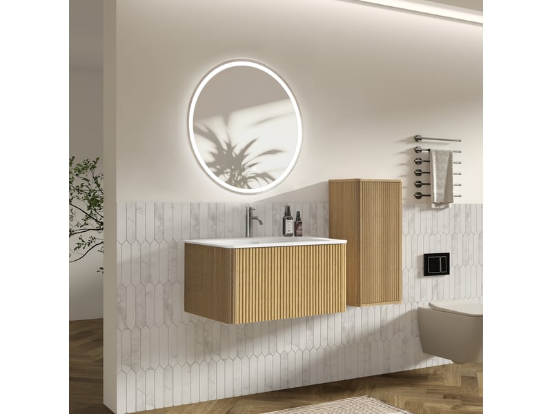  Meuble sous vasque avec miroir led et colonne de salle de bain, rangement mural, vasque en résine, finition chêne et blanc  - Conforama C