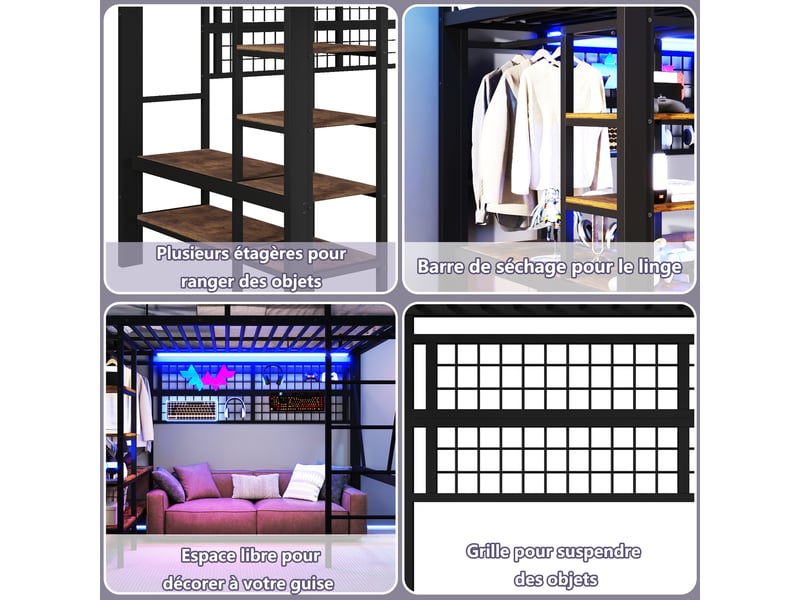  Lit mezzanine 140 x 200 cm avec cadre en métal, éclairage led contrôlé par application, rangements, noir  - Conforama R