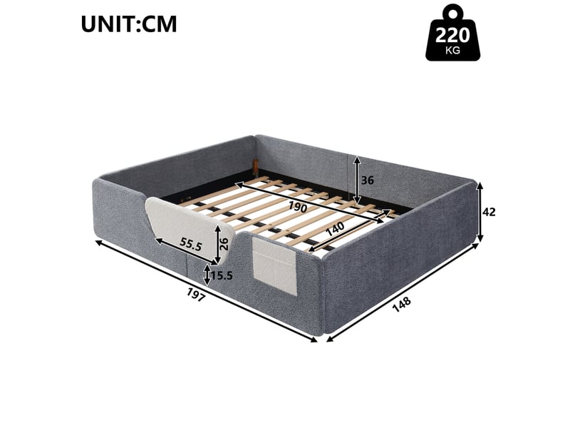  Lit enfant rembourré 140 x 190 cm gris en velours avec barrières amovibles, sans matelas  - Conforama E