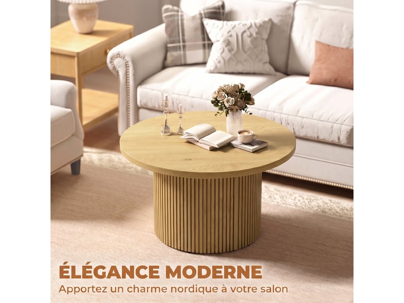  Table basse ronde en bois, table de salon avec piètement cannelé, effet bois naturel, style moderne  - Conforama D