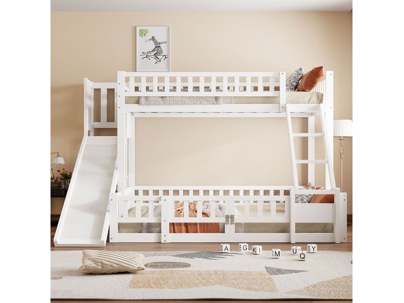  Lit superposé enfant 90x200 et 140x200 cm avec toboggan, échelle, blanc  - Conforama D