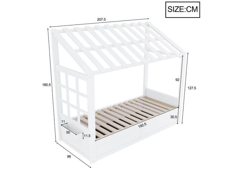  Lit enfant style maison de campagne 90 x 200 cm avec toit, fenêtre, rangement hydraulique et niches latérales blanc  - Conforama E