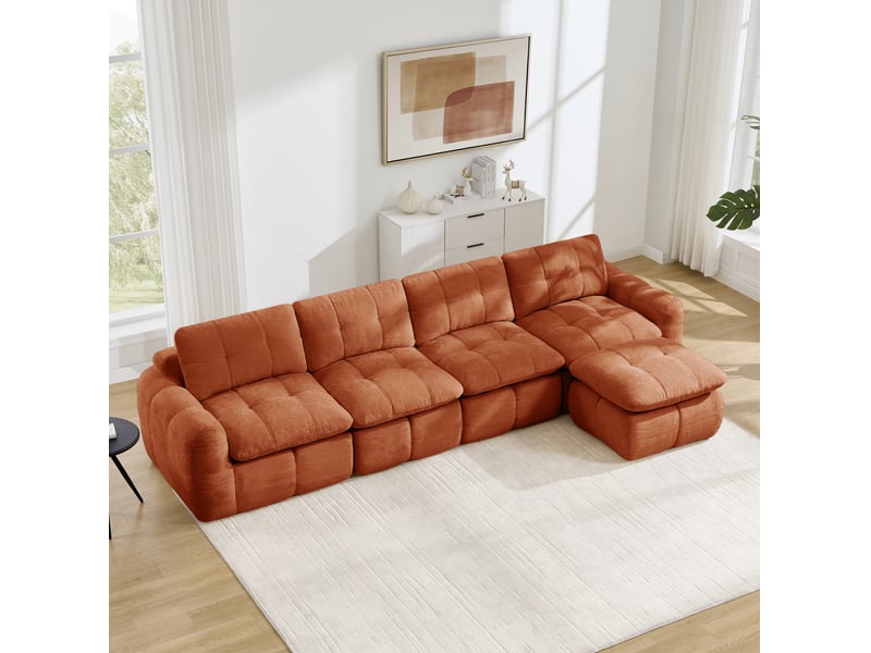 Canapé d'angle modulaire 4 places sans cadre avec ottomane et assise profonde, design matelassé en chenille orange - Conforama D
