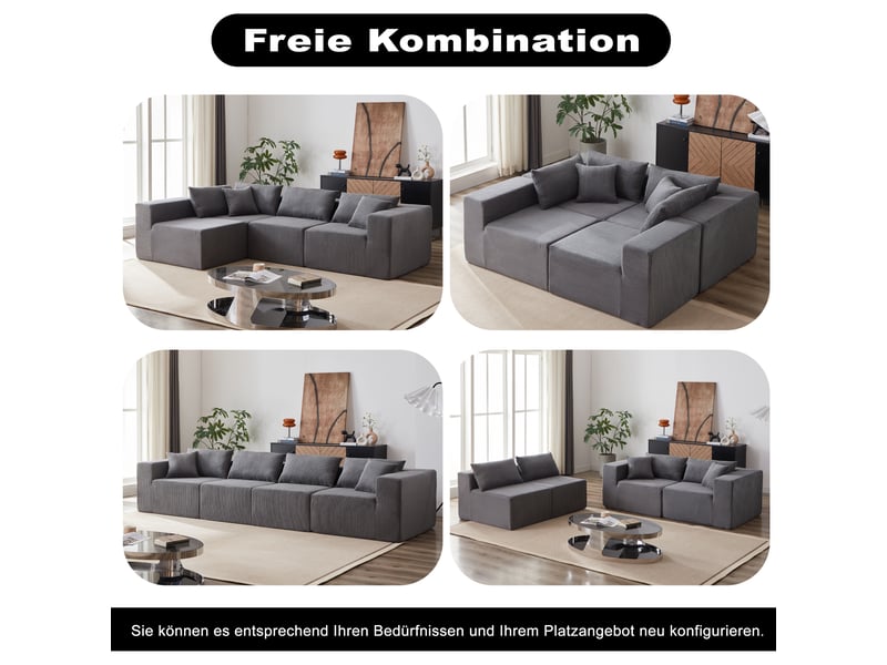 Canapé d'angle compressée en l en velours côtelé,264x167x71cm,canapé modulaire 4 pièces en mousse,sans montage,gris - Conforama D