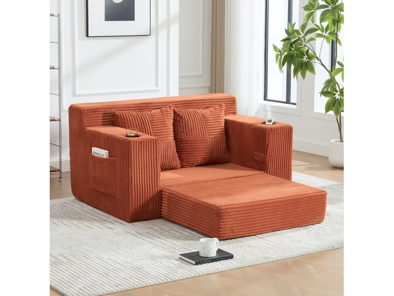  Canapé convertible 2 places en velours côtelé orange 151 x 133 cm homvra  - Conforama D