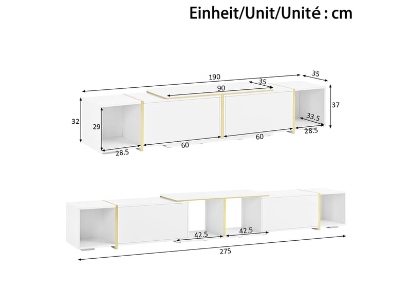  Meuble tv extensible 190 à 275x35x37 cm, façades brillantes, niches, blanc et doré Fay Lum - Conforama C