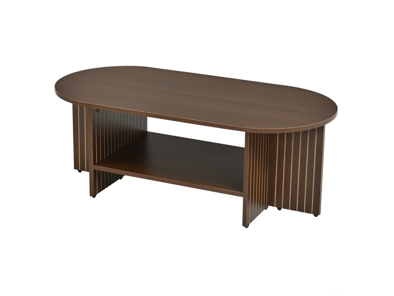  Table basse ovale 100 x 49 x 35 cm noyer mdf, étagère basse ouverte et design moderne à rainures  - Conforama D