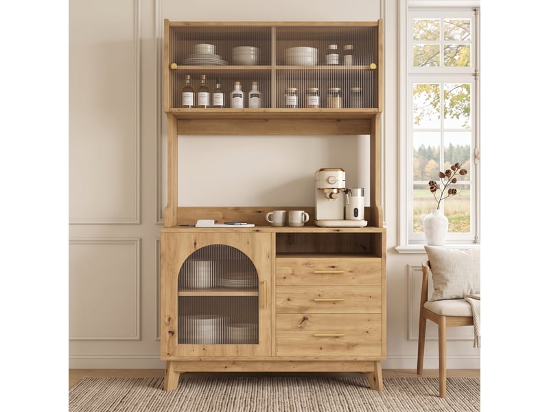  Buffet haut de salle à manger 100,5 x 40 x 178 cm, prises usb-a et usb-c, bois clair  - Conforama E