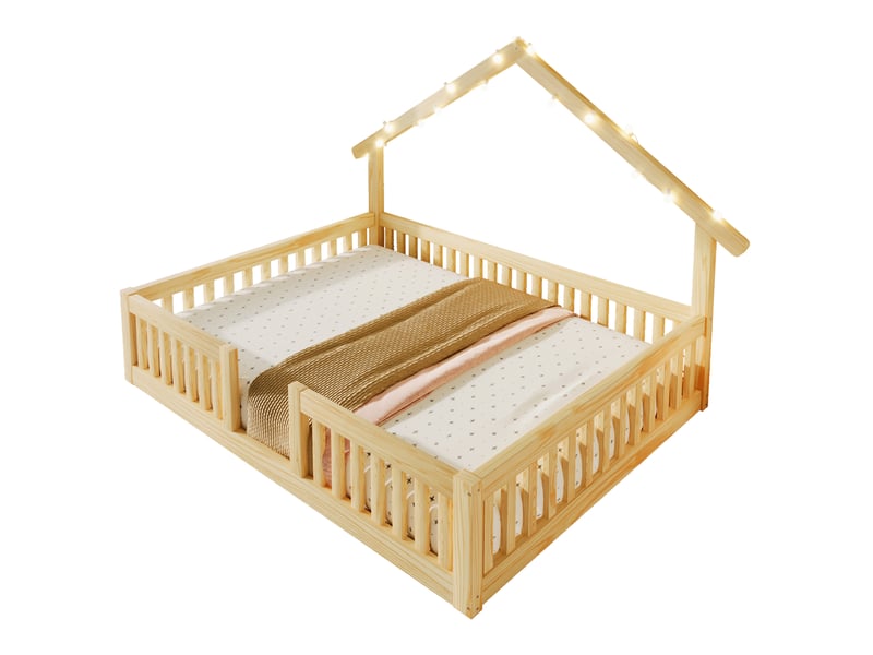  Lit enfant 140 × 200 cm 1 place avec barrières de sécurité et guirlande led, sans matelas, en bois, naturel  - Conforama A
