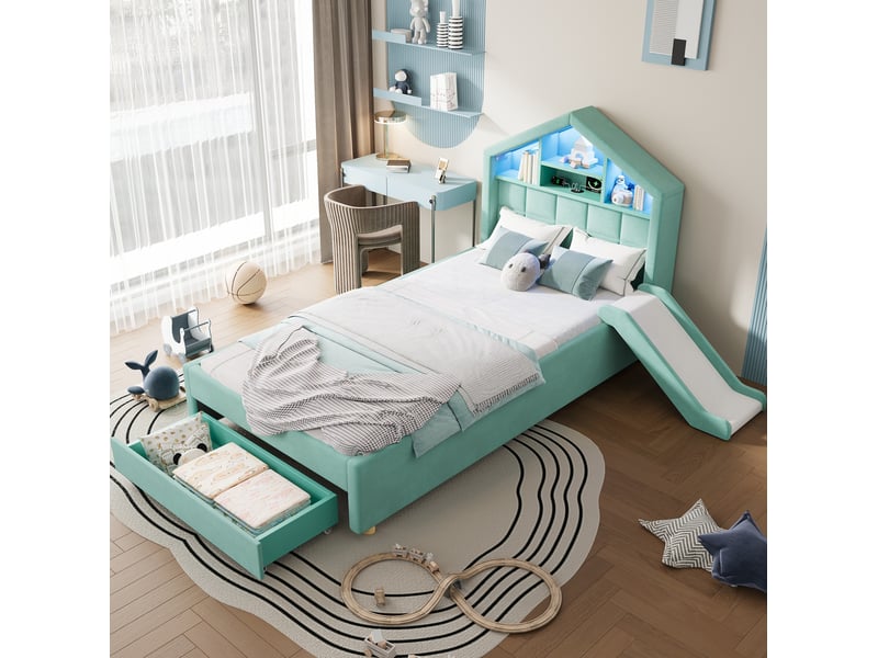  Lit cabane enfant 90x200 cm en velours vert avec toboggan et led, sans matelas  - Conforama B