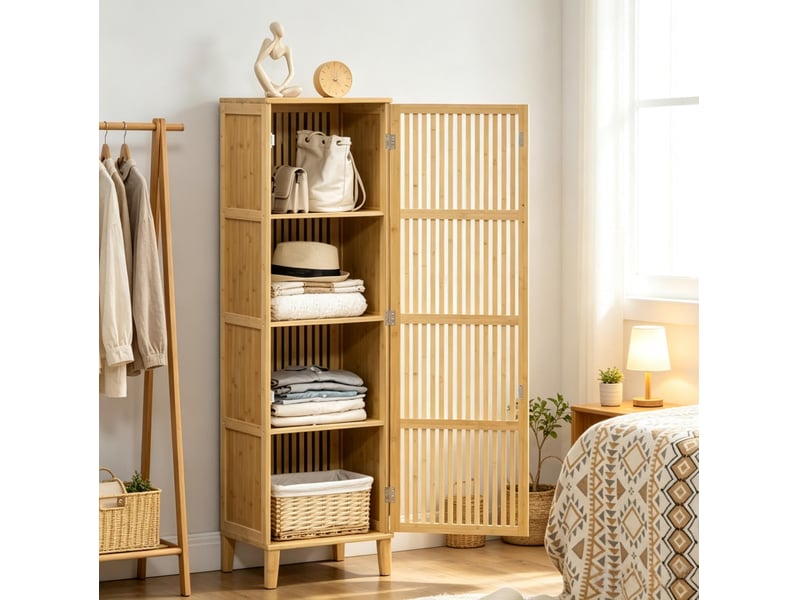  Armoire de rangement haute avec porte à lamelles et 4 étagères en bambou naturel pour salle de bain 40 × 30 × 140 cm  - Conforama B