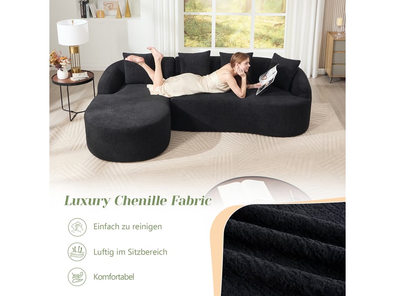 Canapé d’angle arrondi,243x150x67 cm,3 places avec méridienne gauche,chenille,noir - Conforama D