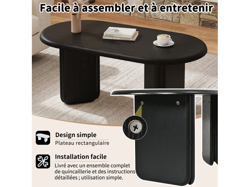  Table basse ovale avec plateau spacieux et pieds arrondis, en mdf, noire, pour salon, 99 × 50 × 40 cm  - Conforama E