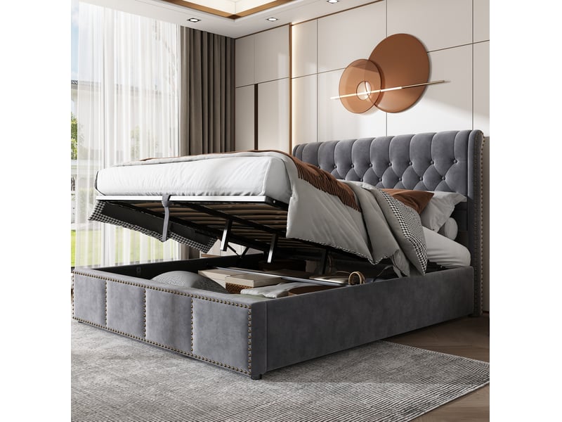  Lit coffre 140x200 cm avec vérin hydraulique, rangement intégré, banquette, tissu velours, coloris gris, sans matelas  - Conforama B