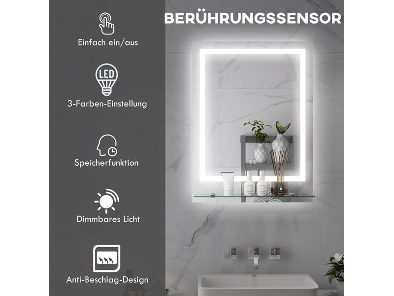  Miroir de salle de bains lumineux 70x50 cm anti-buée ip44 avec touche et mémoire transparent  - Conforama E