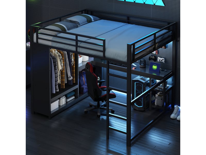  Lit mezzanine gaming en métal 160 x 200 avec éclairage led, bureau, penderie ouverte et compartiments de rangement, noir  - Conforama B