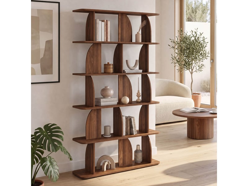  Etagère 5 niveaux japandi edith asymétrique effet noyer design arrondi  - Conforama B