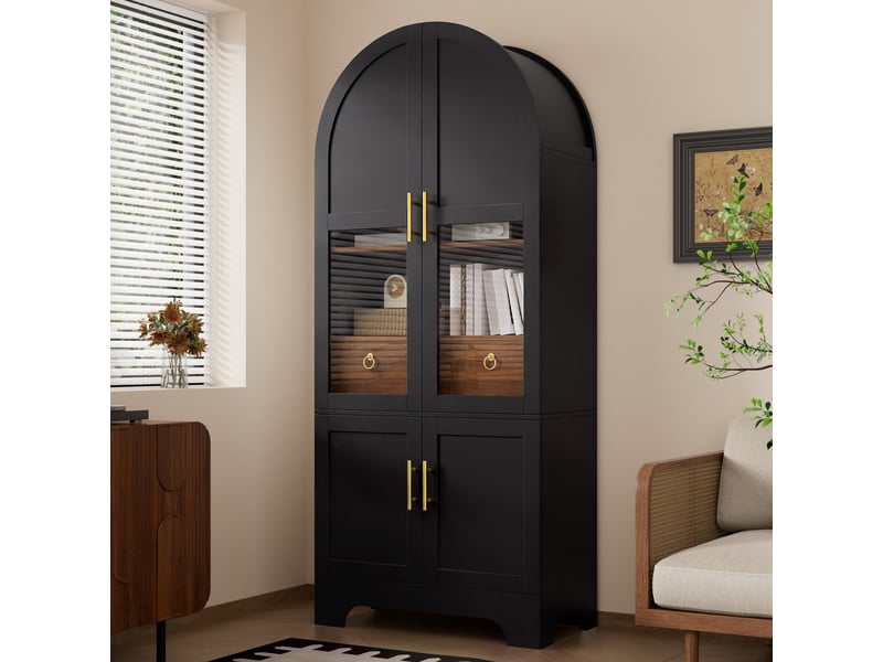 Buffet haut vitrine 76 x 40 x 180 cm avec éclairage led, 4 portes, 1 tiroir et verre trempé - noir Fay Lum - Conforama D