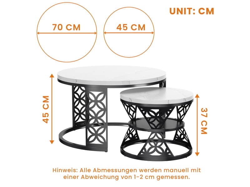  Table basse gigogne ronde 70x70x4545x45x37 cm, coloris blanc et noir  - Conforama C