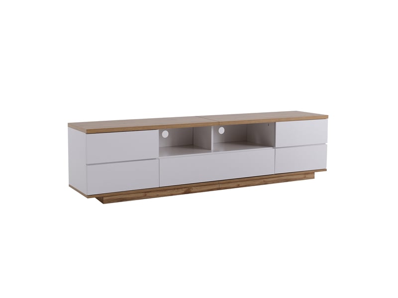  Meuble tv 180x38x46 cm, bicolore blanc et panneauxeffet bois, portes à motif grillagé, poignée intégrée, structure mdf  - Conforama A