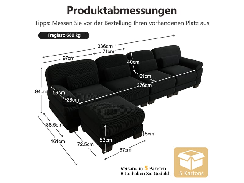 Canapé d'angle modulable - 4 places - forme l - 1 ottoman - assise profonde - velours côtelé - mobilier de salon - pratique - noir CozyNest - Conforama D