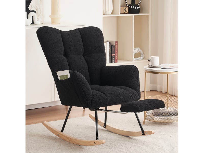 Fauteuil à bascule rembourré avec repose-pieds pliable et dossier haut ergonomique en tissu teddy noir 80 × 98 × 98,5 cm - Conforama B