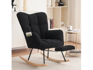 Fauteuil à bascule rembourré avec repose-pieds pliable et dossier haut ergonomique en tissu teddy noir 80 × 98 × 98,5 cm