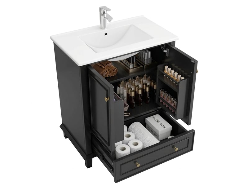 Meuble salle de bain noir 76 cm avec meuble vasque céramique et pieds bois massif - Conforama A