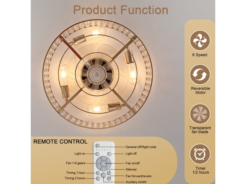 Plafonnier ventilateur encastrable 19 pouces avec cristaux dorés, pales abs, contrôle par application et télécommande, 6 vitesses, réversible  - Conforama D