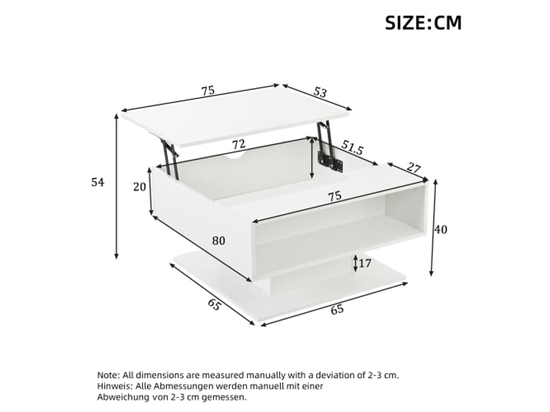  Table basse moderne 80×75×40cm à levage hydraulique | finition brillante avec rangement semi-ouvert,blanc  - Conforama C
