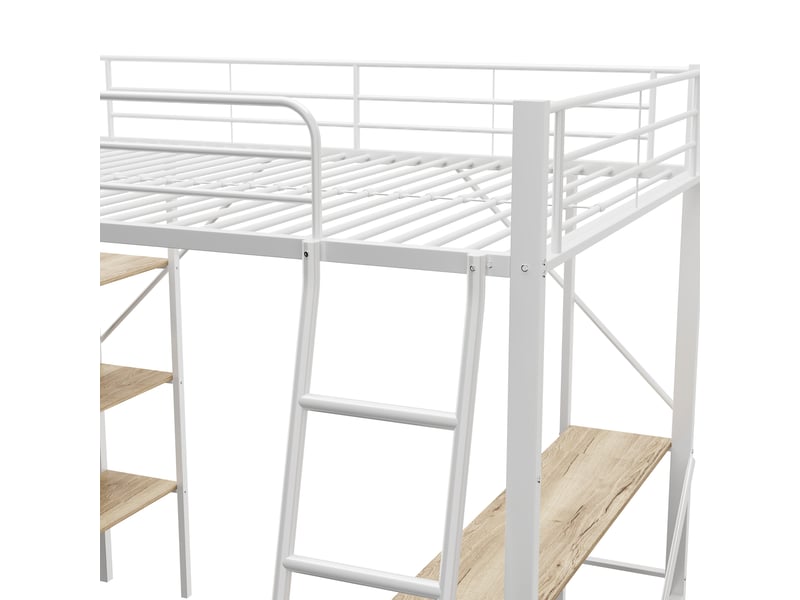  Lit mezzanine métal 90x200cm - bureau intégré - 3 étagères - sécurité en747 - blanc  - Conforama R