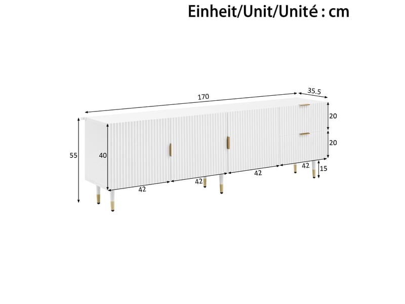  Meuble tv avec 3 portes, tiroirs, passe-câbles, pieds réglables et charnières silencieuses, 170 × 35,5 × 55 cm  - Conforama E